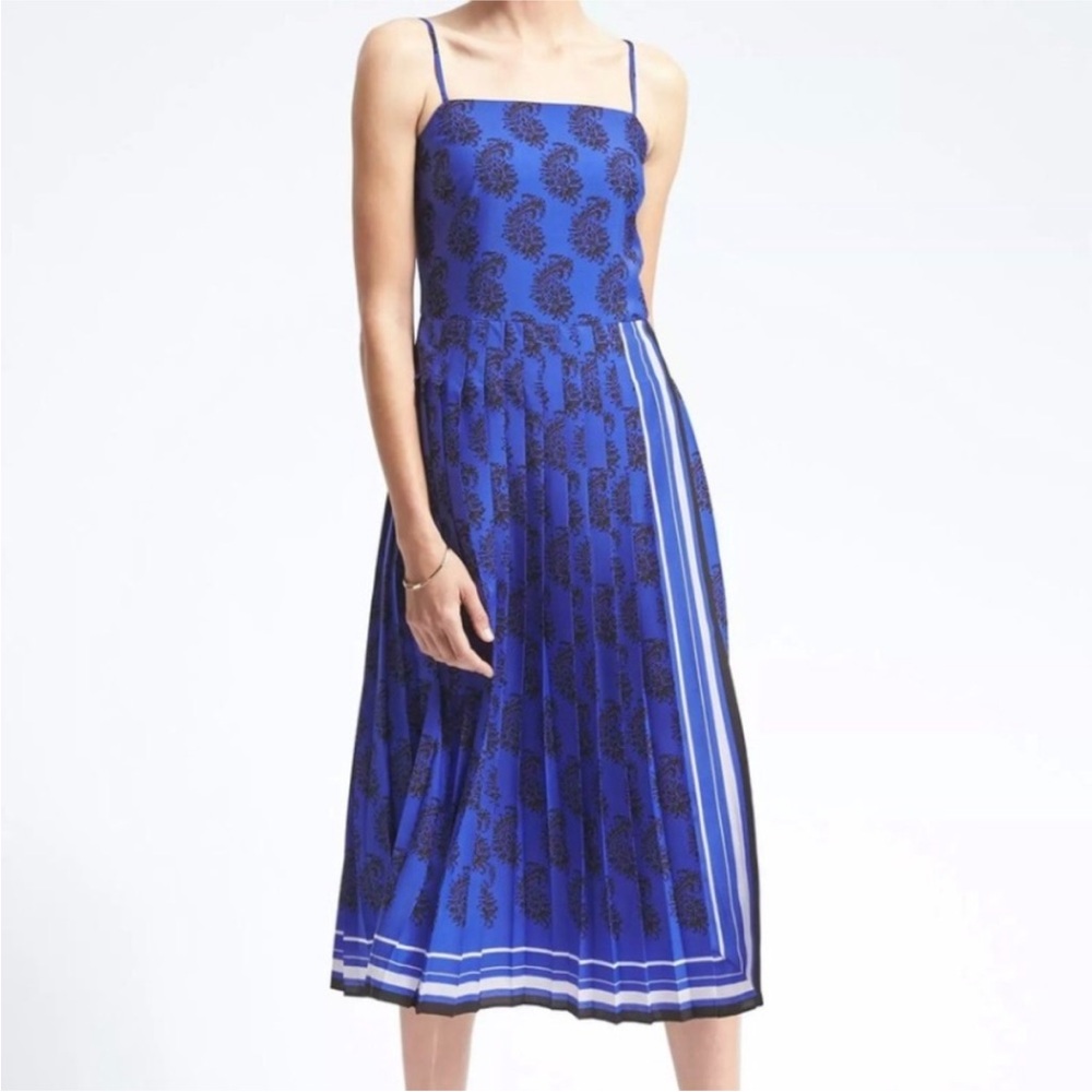 Banana Republic Royal Blue and Black Paisley Pleated Drop Waist Midi Dress